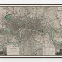 Greenwood’s 1830 Map of London, This is a later edition of the Greenwood’s map of London first issued in 1827. Set within a decorative border, the map features title at top right, view of Westminster Abbey with key to symbols and colours at bottom left and view of St. Paul’s Cathedral with reference table at bottom right.