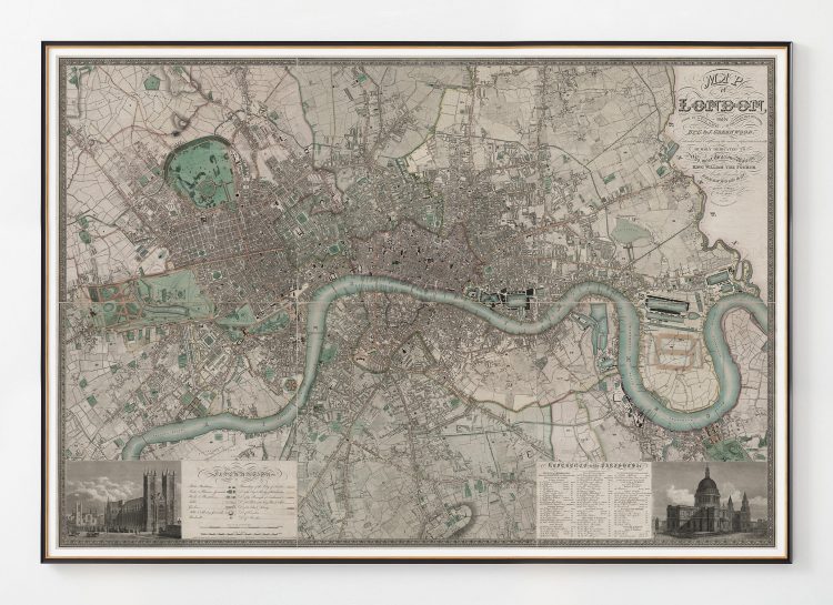 Greenwood’s 1830 Map of London, This is a later edition of the Greenwood’s map of London first issued in 1827. Set within a decorative border, the map features title at top right, view of Westminster Abbey with key to symbols and colours at bottom left and view of St. Paul’s Cathedral with reference table at bottom right.