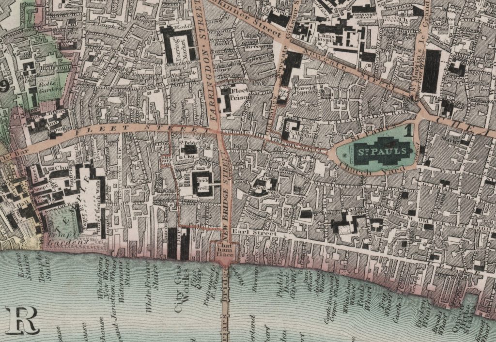 Greenwood’s 1830 Map of London, This is a later edition of the Greenwood’s map of London first issued in 1827. Set within a decorative border, the map features title at top right, view of Westminster Abbey with key to symbols and colours at bottom left and view of St. Paul’s Cathedral with reference table at bottom right. St. Pauls