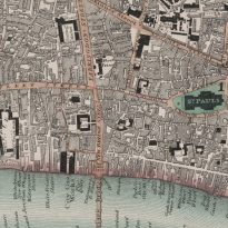 Greenwood’s 1830 Map of London, This is a later edition of the Greenwood’s map of London first issued in 1827. Set within a decorative border, the map features title at top right, view of Westminster Abbey with key to symbols and colours at bottom left and view of St. Paul’s Cathedral with reference table at bottom right. St. Pauls