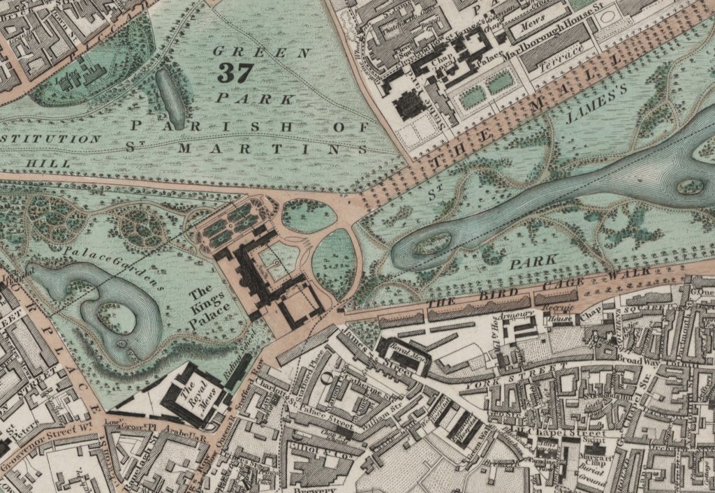 Greenwood’s 1830 Map of London, This is a later edition of the Greenwood’s map of London first issued in 1827. Set within a decorative border, the map features title at top right, view of Westminster Abbey with key to symbols and colours at bottom left and view of St. Paul’s Cathedral with reference table at bottom right. The Kings Palace