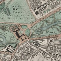 Greenwood’s 1830 Map of London, This is a later edition of the Greenwood’s map of London first issued in 1827. Set within a decorative border, the map features title at top right, view of Westminster Abbey with key to symbols and colours at bottom left and view of St. Paul’s Cathedral with reference table at bottom right. The Kings Palace