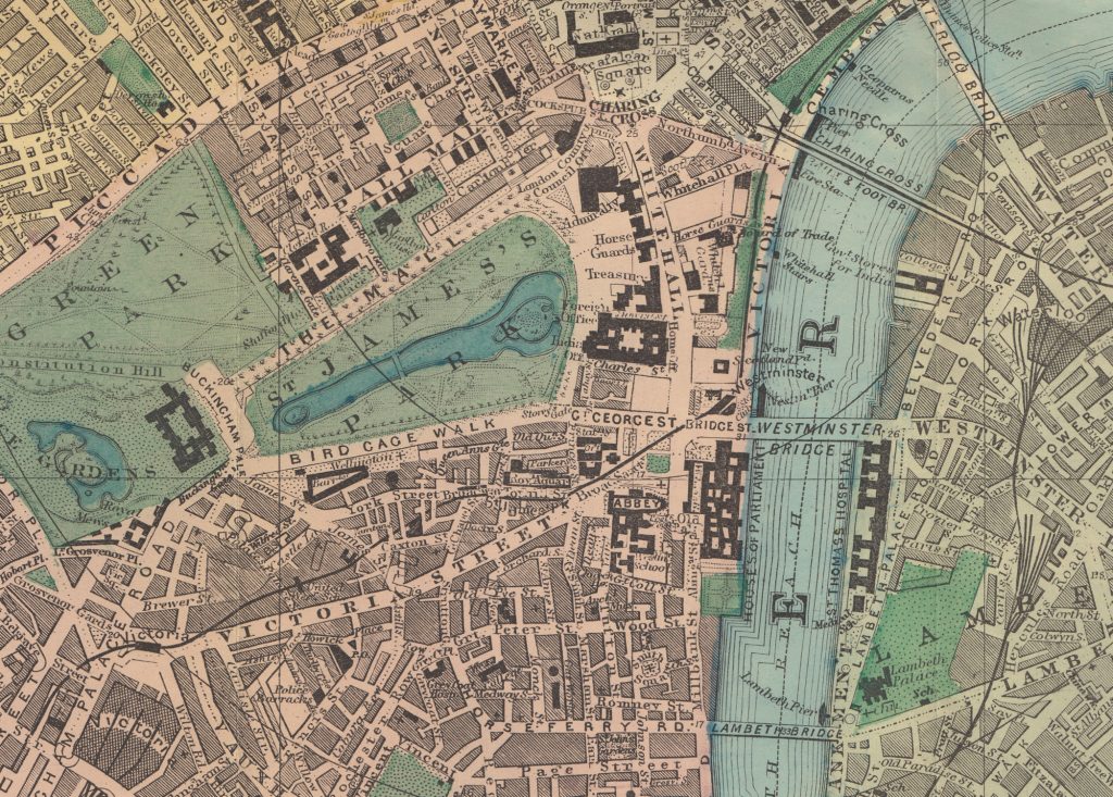 Bacon’s New Map of London divided into half-mile squares and circles. House of Parliament, Westminster Bridge