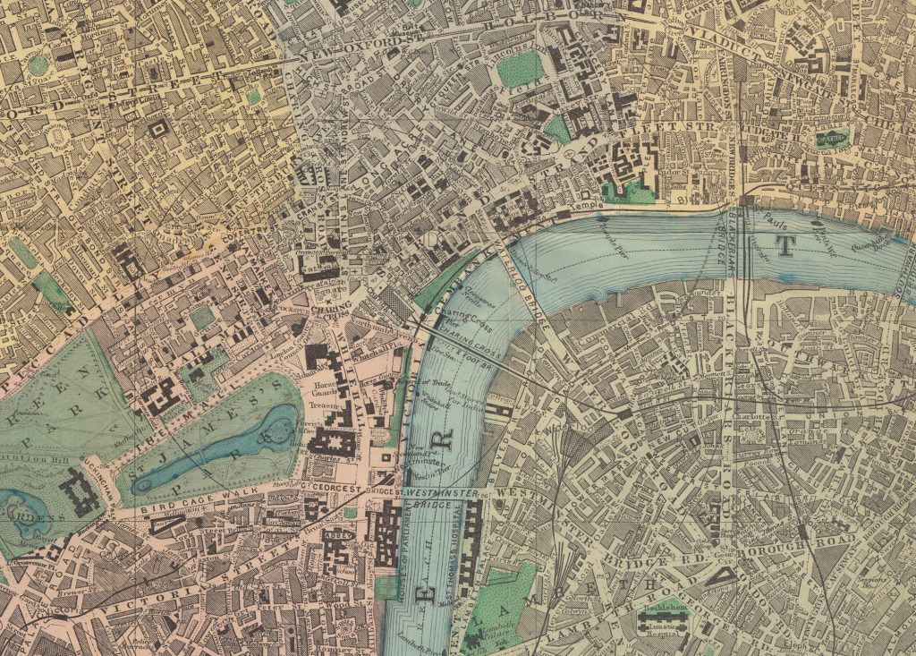 Bacon’s New Map of London divided into half-mile squares and circles. St. James to Blackfriars Bridge