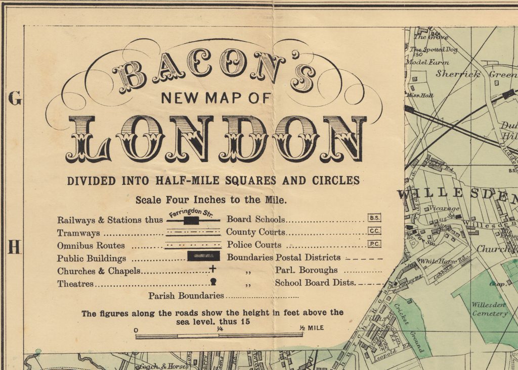 Bacon’s New Map of London divided into half-mile squares and circles. Scale Four inches to a mile. 1890 , London, Top Left, Close Up
