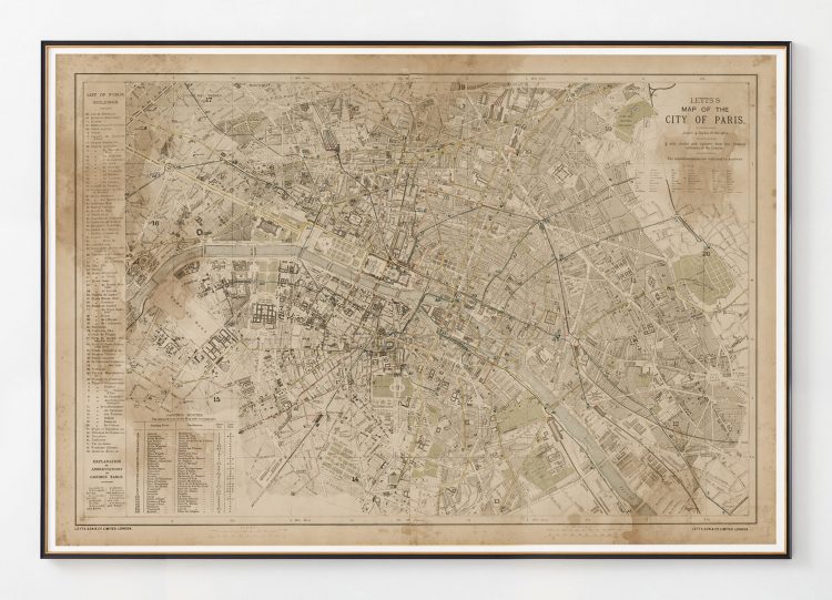 Letts's Map of the City of Paris, 1886, Water Stained, Majesty Maps & Prints