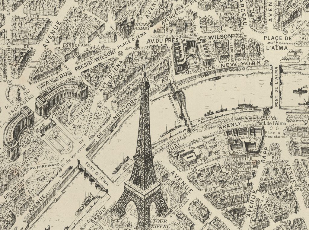 Paris Birds Eye View 1920R Map, Plan de Paris a Vol d Oiseau, Trocadero, Majesty Maps and Prints