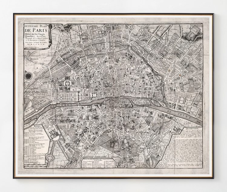 Huitieme Plan De Paris 1705, Divise en Ses Vingts Quartiers, Seine, Majesty Maps And Prints