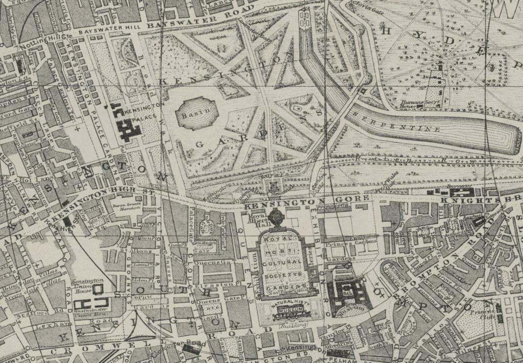 Bacon’s New Map of London, Divided into Half Mile Squares & Circles, Published by George Washington Bacon of 127 Strand, London. 1878, Kensignton Palace