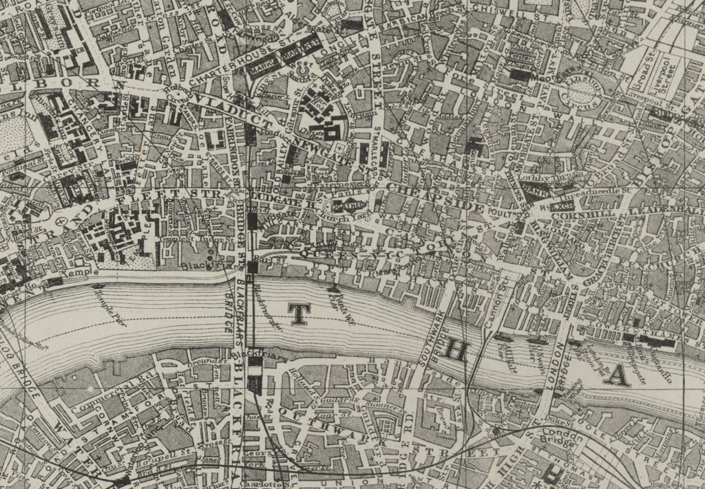 Bacon’s New Map of London, Divided into Half Mile Squares & Circles, Published by George Washington Bacon of 127 Strand, London. 1878, Cheapside